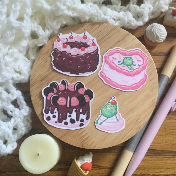 Cake Bake Die Cut Sticker Flake Set of 3 I Matte I  Water Resistant  I Frog Cake I Dark Forest I Chocolate I Valentines I Romantic