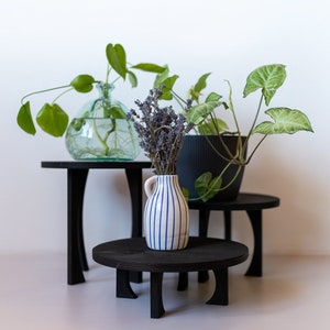 Könnte beinhalten: Drei schwarze Pflanzenständer mit drei verschiedenen Pflanzen. Die Ständer sind rund und haben drei Beine. Die Pflanzen sind eine grüne, blättrige Pflanze in einer klaren Glasvase, eine grüne, blättrige Pflanze in einem schwarzen Topf und ein Bund Lavendel in einer weiß-blau gestreiften Vase.