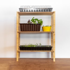 Puede incluir: Una estantería de madera con tres estantes, que contiene varias plantas y plántulas. El estante superior tiene una cúpula de plástico transparente, el estante del medio tiene una maceta marrón con plantas verdes, y el estante inferior tiene una bandeja negra con plántulas.