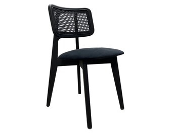 Black Wood Rattan Dining Chair, Upholstered Seat, Modern Stylish Design, Eco-Friendly Handcrafted Indoor Kitchen Seating