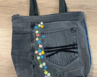 Handmade Embroidery Patchwork Denim Tote Bag