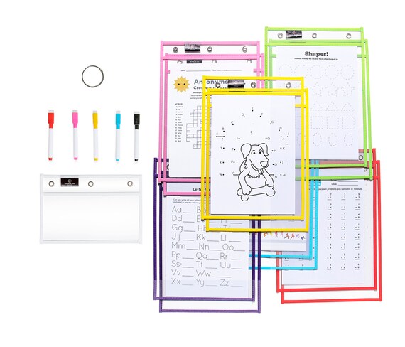 12 Dry Erase Pockets Sleeves With Tracing Paper. Markers, Ring Holder and  Pouch 