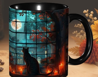 Stained Glass Cat Mug, Gothic Moonlit Library Window, Fantasy Book Lover Gift, Dark Academia Coffee Cup, Witchy Aesthetic Mug Made in USA