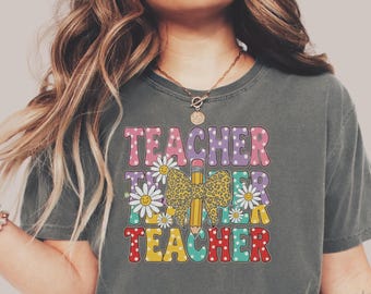 Lehrer Shirt für Erzieher, Bleistift T-Shirt, Geschenk für Lehrer, Leoparden Bogen T-Shirt, süßes Lehrer T-Shirt, Daisy Lehrer Shirt, T-Shirt Design