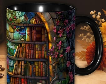 Book Lover Mug • Stained Glass Bookshelf Mug • Bibliophile Gift • Reading Nook Decor • Reader Coffee Cup (USA Made, Shipped)