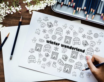 May include: A black and white printable coloring page with winter-themed illustrations. The page features a variety of winter icons, including snowflakes, mittens, mugs, and a fireplace. The text "winter wonderland" is written in bold letters at the bottom of the page.
