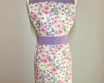 Women's apron in pink and lavender floral with ruffle - for baking, cooking, cleaning