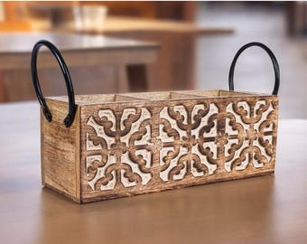 Rustic wooden spoon holder & cutlery stand-medium brown kitchen organizer with engraved design-3 compartment natural wood countertop caddy.