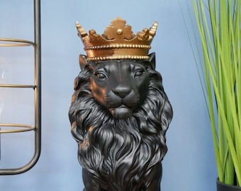 Majestic Lion Themed Ornament | Black Lion with Bronzed Gold Crown | Lion Ornament | Sitting Lion Ornament | Gift for the Home
