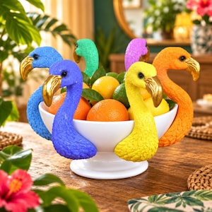 May include: A white pedestal bowl filled with oranges and limes, featuring five decorative flamingo head attachments in blue, purple, yellow, orange, and green. Each flamingo head has a textured neck and a metallic gold-coloured beak.