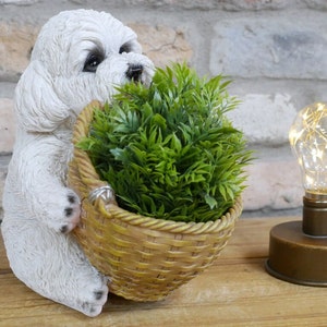 White Puppy with Flower Basket Planter