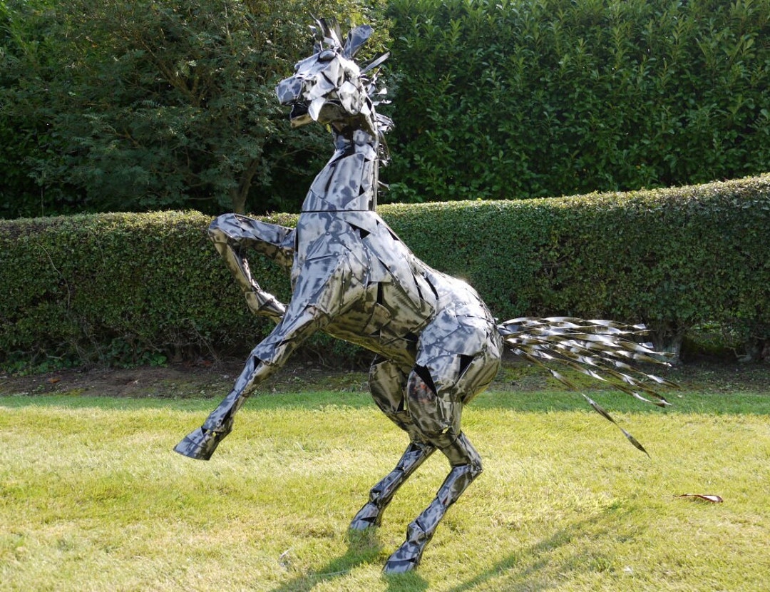 Large Silver & Black Metal Horse Sculpture Large Horse Sculpture Metal