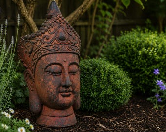 Large Buddha Head Garden Statue 46cm | Rustic Red Stone Effect Buddha Sculpture | Zen Garden Decor | Meditation Ornament