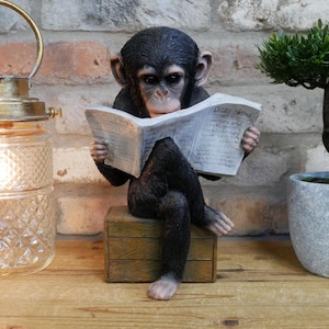 May include: A black chimpanzee figurine sitting on a wooden box, reading a newspaper titled "Daily News". The figurine is holding the newspaper with its left hand and has its right hand resting on the box. The figurine is sitting on a wooden surface.