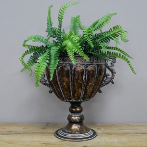 May include: A gold and brown metal planter with a decorative design and a fern plant inside. The planter has a round base and two handles.