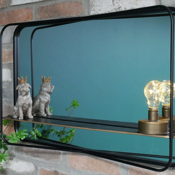 Industrial Black Metal Mirror With Copper Shelf Wall Mounted | Industrial Mirrors | Black Metal Mirror | Rectangular Shaped Mirror