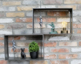 Industrial Metal Cube Shelving With Figurines