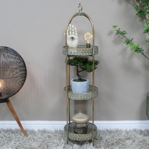 3 Tier Circular Patterned Shelving | Free Standing Shelving Unit | Moroccan Style Shelving Unit | Rustic Gold Shelf | Circular Display Unit