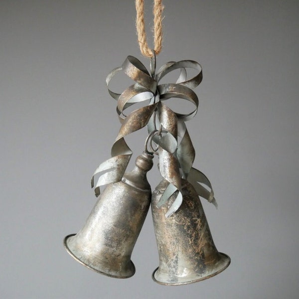 Large Metal Silver Hanging Bells on a Rope | Decorative Metal Bells | Hanging Bells | Silver Bells | Outdoor Bells | Christmas Bells