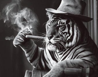 Tempered Glass Tiger Wall Art | Black and White Tiger Print | Cool Tiger  Smoking Cigar | Modern Animal Artwork