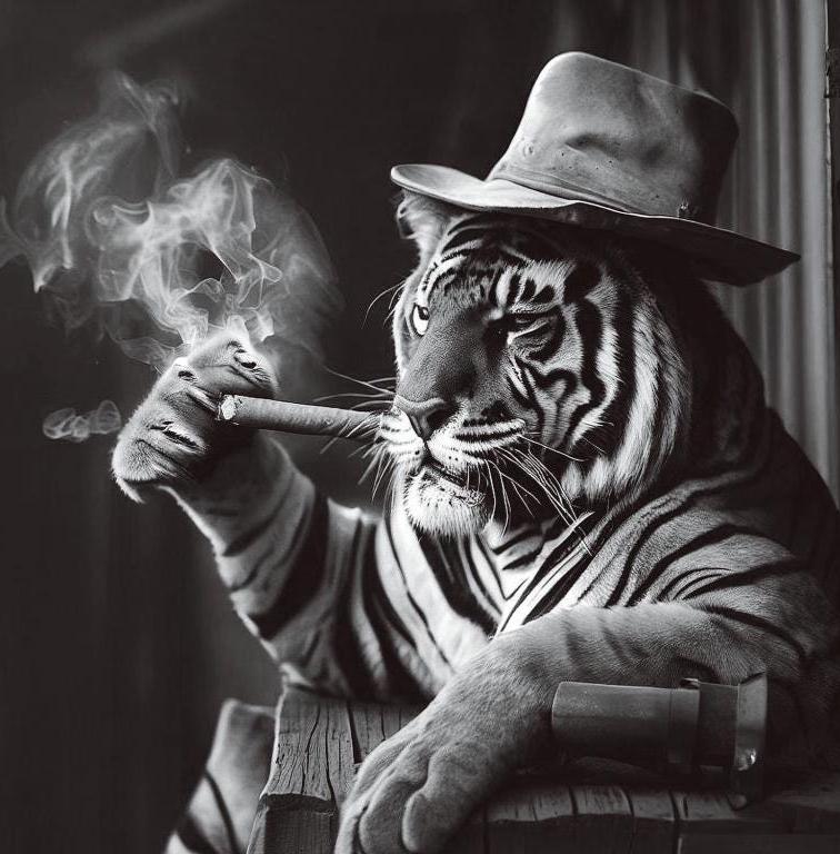 tiger with cigarette Tempered Glass Tiger Wall Art | Black and White Tiger Print | Cool Tiger  Smoking Cigar | Modern Animal Artwork