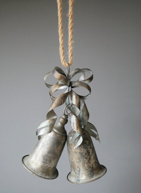 Large Metal Silver Hanging Bells on a Rope Decorative Metal Bells Hanging  Bells Silver Bells Outdoor Bells Christmas Bells 