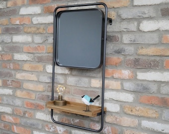 Industrial Wall Mounted Vanity Mirror with Shelf | Metal and Fir Wood Mirrored Wall Shelf | Mirrored Wall Unit | Industrial Accessories