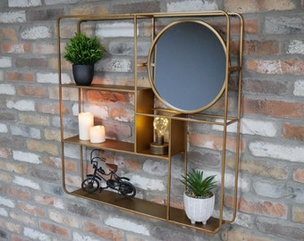Large Golden Wall Unit With Mirror | Square Wall Shelf | Mirrored Wall Unit | Wall Unit for Lounge | Large Golden Wall Unit