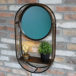 Copper & Black Industrial Swivel Mirror With Shelf Wall Mounted | Mirrored Wall Unit | Mirrored Vanity Unit | Industrial Style Wall Unit