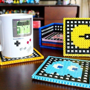 6-piece Pac man Coaster Set with holder | Perler Bead Pixel Art