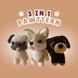 Padrão de crochê fofo para Corgi, Pug, Doxie | Pacote de padrões de crochê 3 em 1, Padrão de pelúcia de crochê para cachorro, Padrão de amigurumi de crochê | Fios de qualquer tamanho