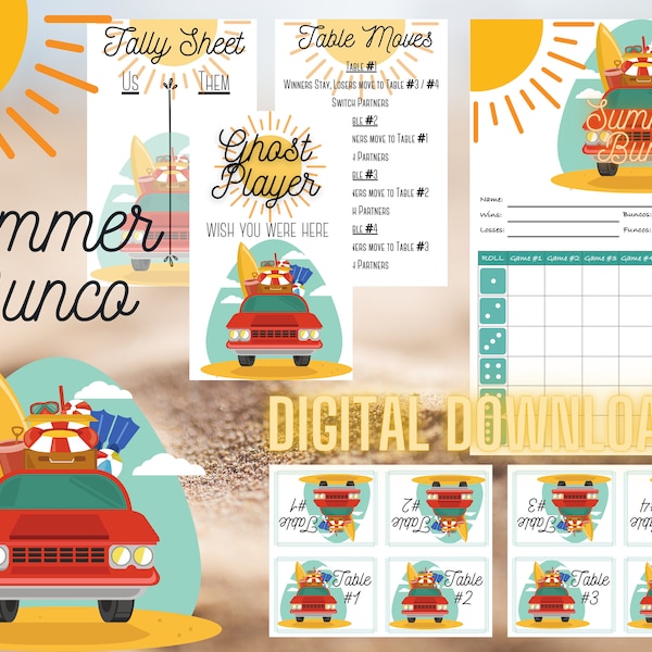 Summer Bunco Set! Sunshine-y Bunco Score Cards, Tally Sheets, Ghost Player Card, Table Tents and Table Moves Rules