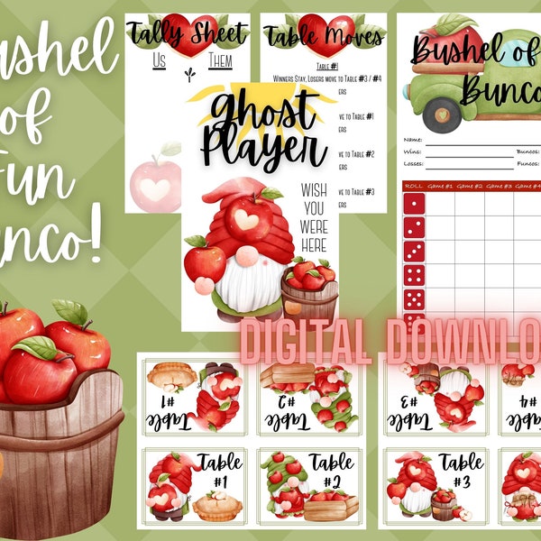 Autumn Apple Harvest, a Bushel of Fun Bunco Set, Bunco Score Cards, Tally Sheets, Ghost Player Card, Table Tents and Table Moves Rules