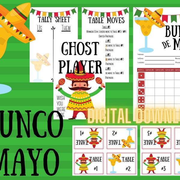 Bunco de Mayo, Cinco de Mayo Bunco Card Set - Score Cards, Tally Sheets, Ghost Player Cards, Table Tents and Table Moves Rules