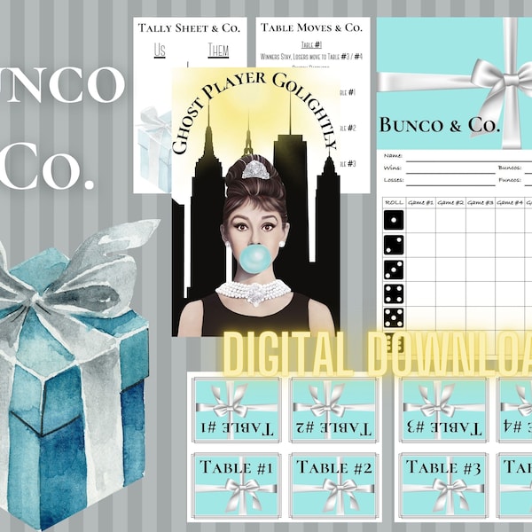 Bunco & Co. Set! Tiffany themed Bunco Score Cards, Tally Sheets, Ghost Player Card, Table Tents and Table Moves Rules