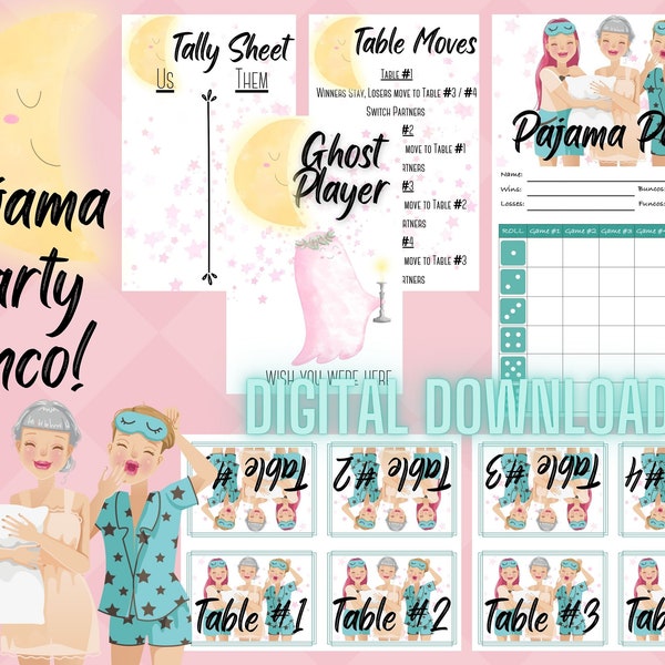 Pajama Party BUNCO Card Set, Score Cards, Tally Sheets, Ghost Player Card, Table Tents and Table Moves Rules