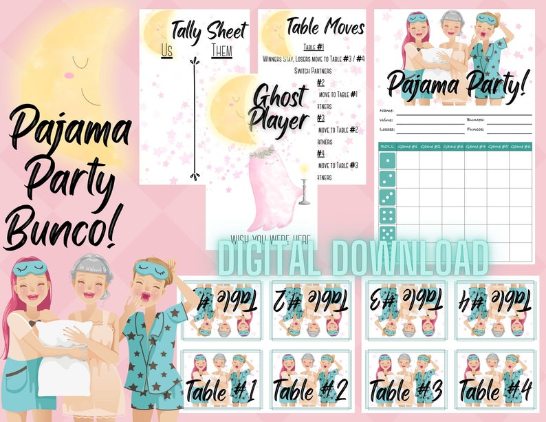 Pajama Party BUNCO Card Set, Score Cards, Tally Sheets, Ghost Player ...