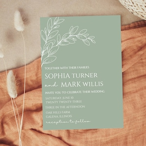 Editable Floral Sage Green Wedding Invitation, Botanical Wedding Invitation, Minimalistic Wedding Invitation, Digital Download