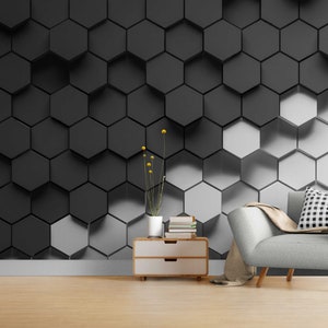 Carta da parati esagonale nera, carta da parati 3D, carta da parati geometrica murale, motivo esagonale, carta da parati 3D nera, carta da parati moderna rimovibile