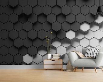 Black hexagon wallpaper, 3D wallpaper, Geometric wallpaper Mural, Hexagon pattern Art, Black 3D wallpaper, Removable Modern wallpaper