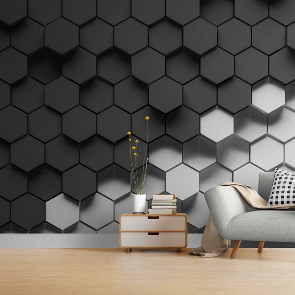 Black hexagon wallpaper, 3D wallpaper, Geometric wallpaper Mural, Hexagon pattern Art, Black 3D wallpaper, Removable Modern wallpaper
