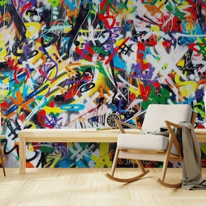 Original Abstrakte Graffiti Collage Wandbild Tapete Moderne Wandkunst Straßenkunst Tapete Moderne Graffiti Kunst Peel & Stick klebende Tapete