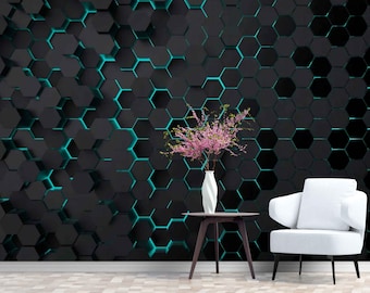 Geometric Hexagon 3D Wallpaper, Gaming Neon Teen Room Wall paper, Gaming Club or Office Wall Mural Wallpapers Peel and Stick