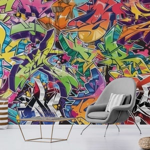 Graffiti Wallpaper Mural | Removable Peel and Stick Mural Stylish Wall Decor | Extra Large Wall Art Kids Bedroom Design Art wall paper