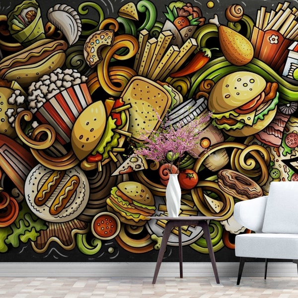 Peel and Stick Fast Food Wallpaper Mural - Hand Drawn Cartoon Graffiti Design for Bars and Cafes - Unique Wall Decor for Fast Food Lovers