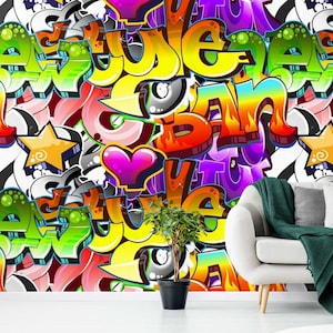 Urban Style Graffiti Wallpaper -  Urban Background Patterns, Modern Peel and Stick Wallpaper, and Street Art Murals Vibrant Statement Wall