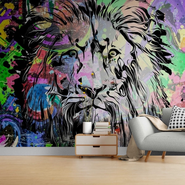 Colored Lion Graffiti Murals Wall Mural Graffiti Wallpaper Decor Peel and stick wall paper Animals Graffiti Art Wallpaper mural design