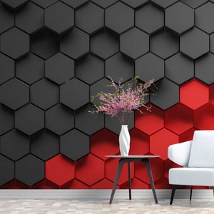 Dynamische schwarze und rote Hexagon 3D Tapete: Geometrische Muster für moderne Innenräume, Abziehen und Aufkleben Wandbild Tapete, 3D Wandbild