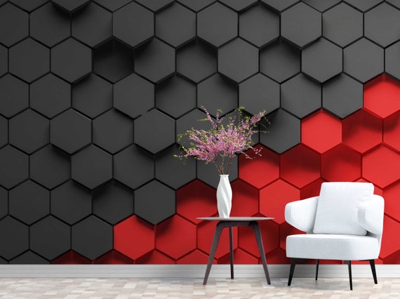 Dynamic Black and Red Hexagon 3D Wallpaper Bold Geometric
