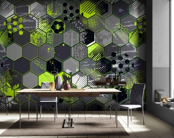 Sport Theme Wallpaper Mural for Game Room Decor, Gaming Hexagon Wall Art, Custom Made Removable Wallpapers, Sporty Photo Wall